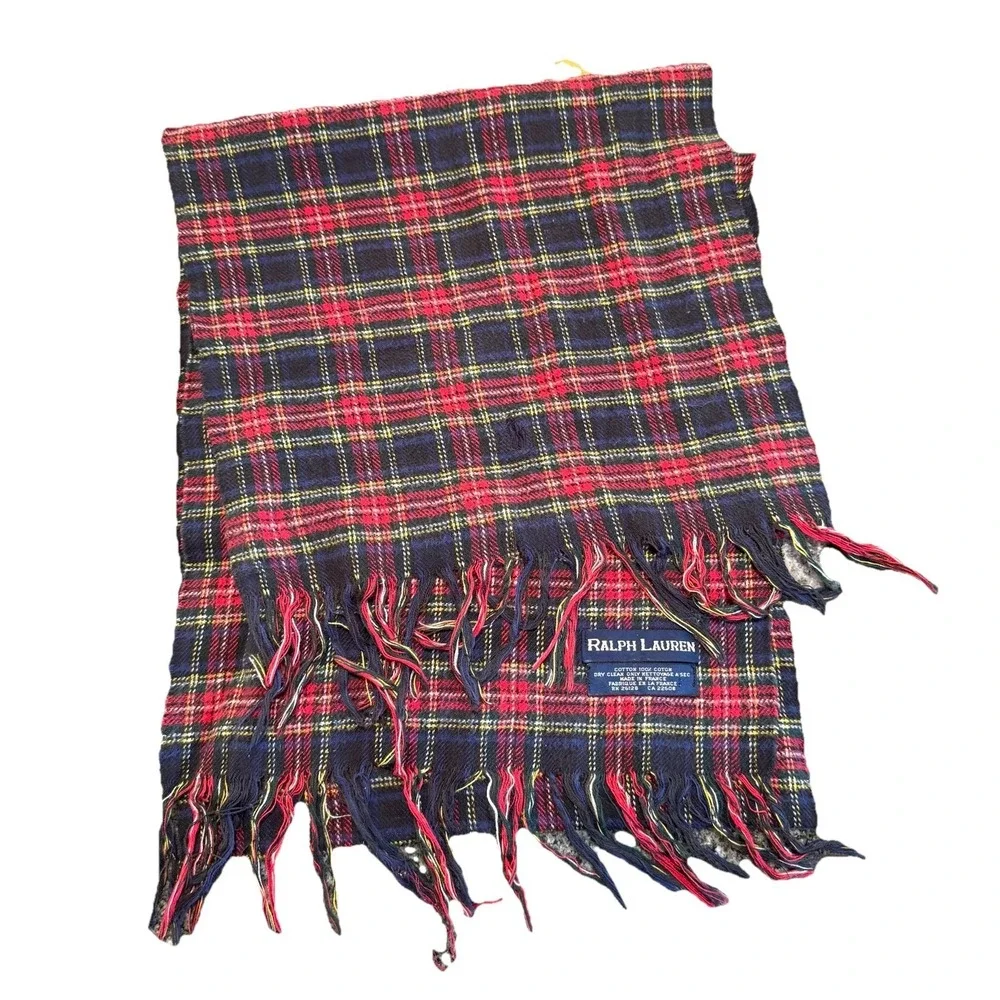 Vintage Ralph Lauren Scarf 100% Cotton Tartan Blue Red Green Made In France 52